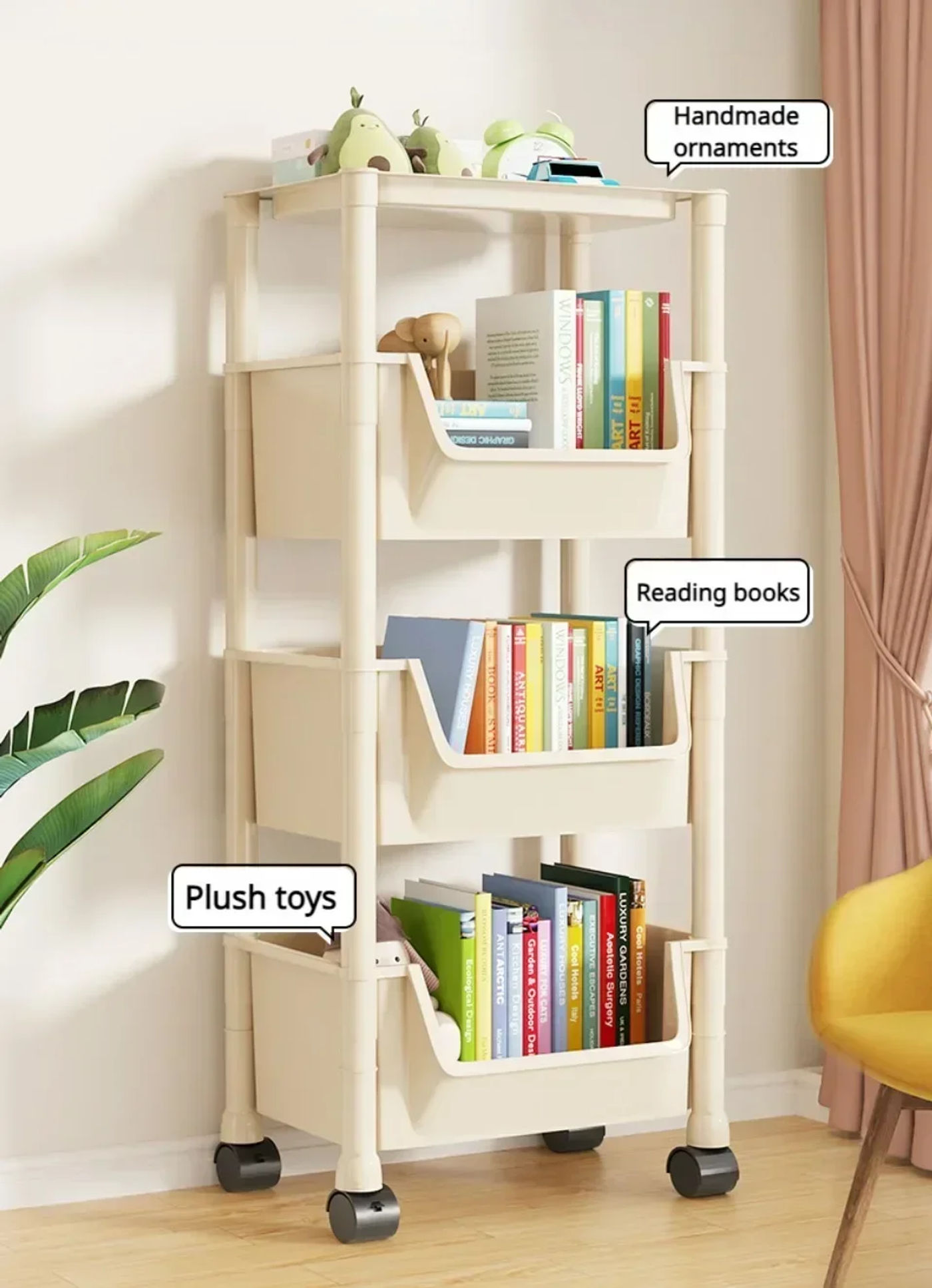 Description Picture 5 of itemPortable Trolley Bookshelf Creative Kitchen Storage Rack Living Room Mobile Display Cabinet Corner Movable Bookshelf With Wheels