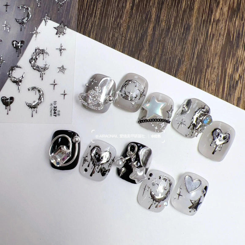Description Picture 2 of item5D Realistic Relief Stamp Silver Melted Heart Moon Stars Balloon Angel Love Adhesive Nail Art Stickers Decals Manicure Charms
