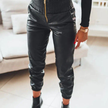 Fashion Women Casual Black Leggings Daily Wear Winter Wear Sexy PU Leather Zip Detail High Waist Cuffed Pants
