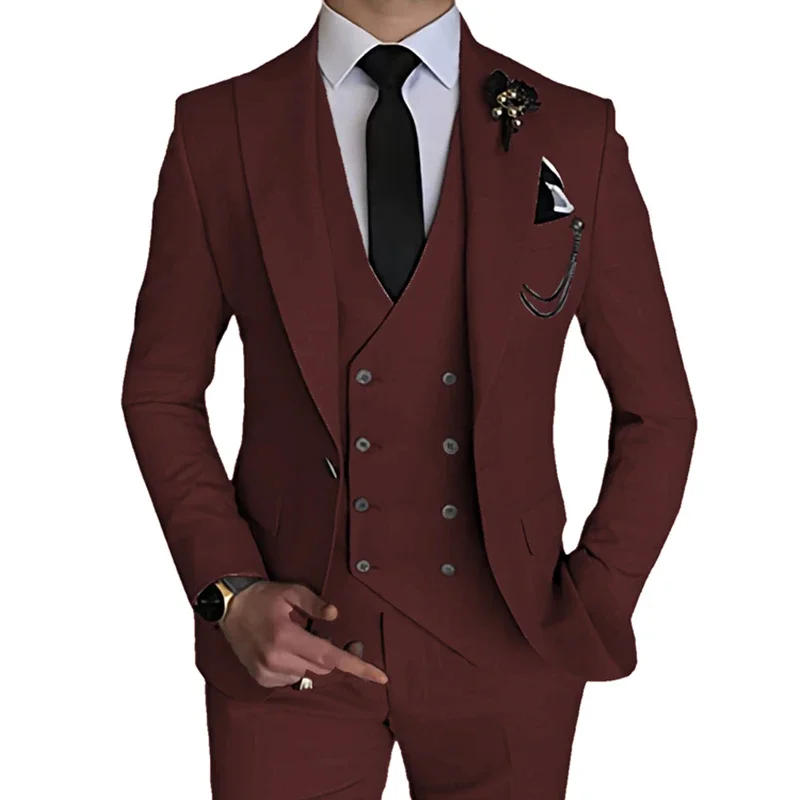 Description Picture 5 of item2023 Fashion New Men Leisure Boutique Business Solid Color Wedding Suit Coat Pants Vest 3 Pcs Set Dress Blazers Jacket Trousers