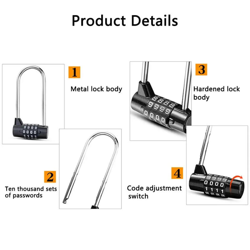 Description Picture 2 of item3/4 Digit Combination Lock Lengthened Shackle Lock Gym Door Lock Travel Suitcase Luggage Code Lock Anti-Theft Password Padlock