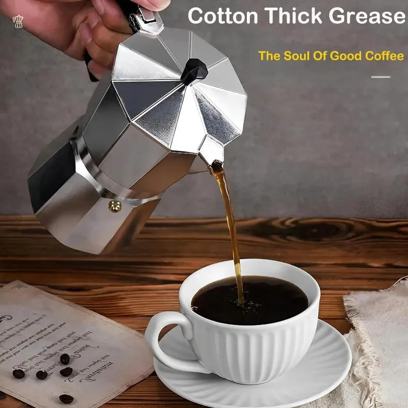 Description Picture 4 of itemNew Mocha Coffee Pot Stovetop Espresso Maker Aluminum Silver Coffee Percolator Home Hand-brewed Octagonal Moka Pot Kitchen Tool