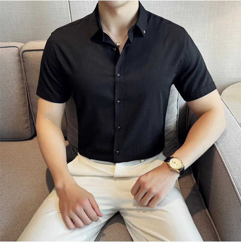 Description Picture 4 of itemSummer fashion front pocket slim fit short sleeved shirt for men's clothing, lapel casual dark checkered striped shirt, Holmes