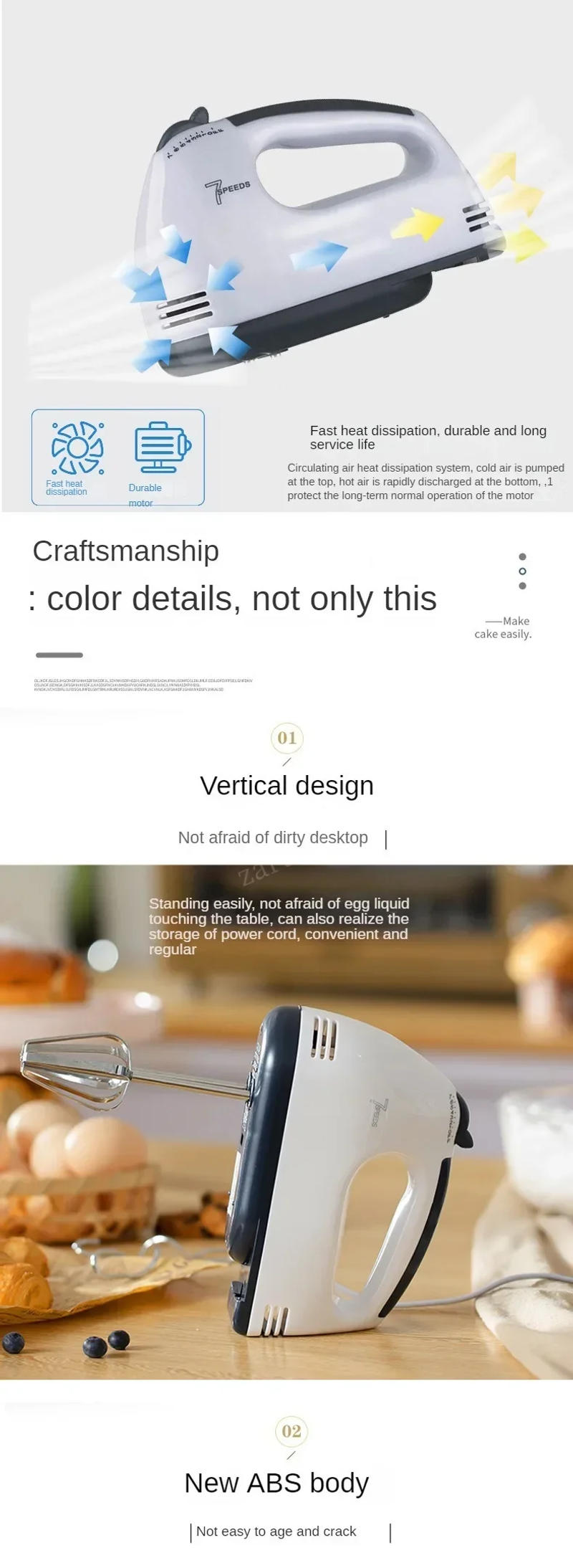 Description Picture 5 of itemElectric Hand Mixer 7 Speed Stainless Steel Egg-Whisk Electric Mixer, Includes 2 Beaters & 2 Dough Hooks, Robust & Easy-Clean