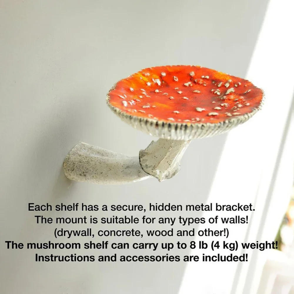 Description Picture 6 of itemWall Mounted Mushroom Hanging Shelf Resin Amanita Shaped Floating Shelf Small Decor Keys Holder Living Room Ornaments Home Decor