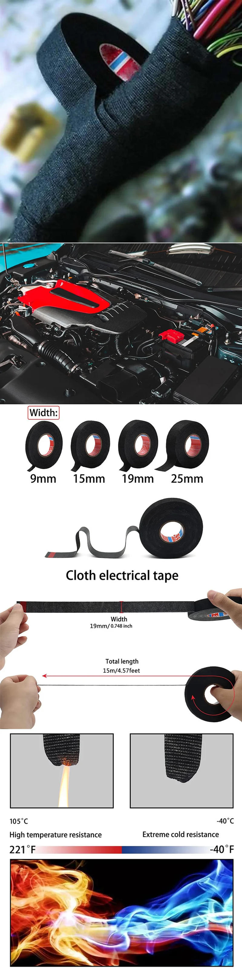 Description Picture 2 of item15M Heat Resistant Tape Coroplast Adhesive Automotive Cloth Tape For Car Cable Harness Wiring Fabric Loom Electrical Heat Tape