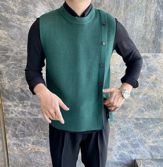 Description Picture 3 of itemMen's Clothing Green Knit Sweater Male Crewneck Sleeveless Business Waistcoat Vest Round Collar Free Shipping Fashion 2023 Tops
