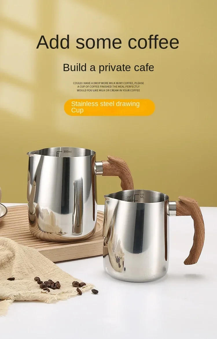 Description Picture 2 of item600/900ML Milk Frothing Pitcher with Precise Scale Wooden Handle Dripless Spout Stainless Steel Latte Coffee Cup Coffeeware