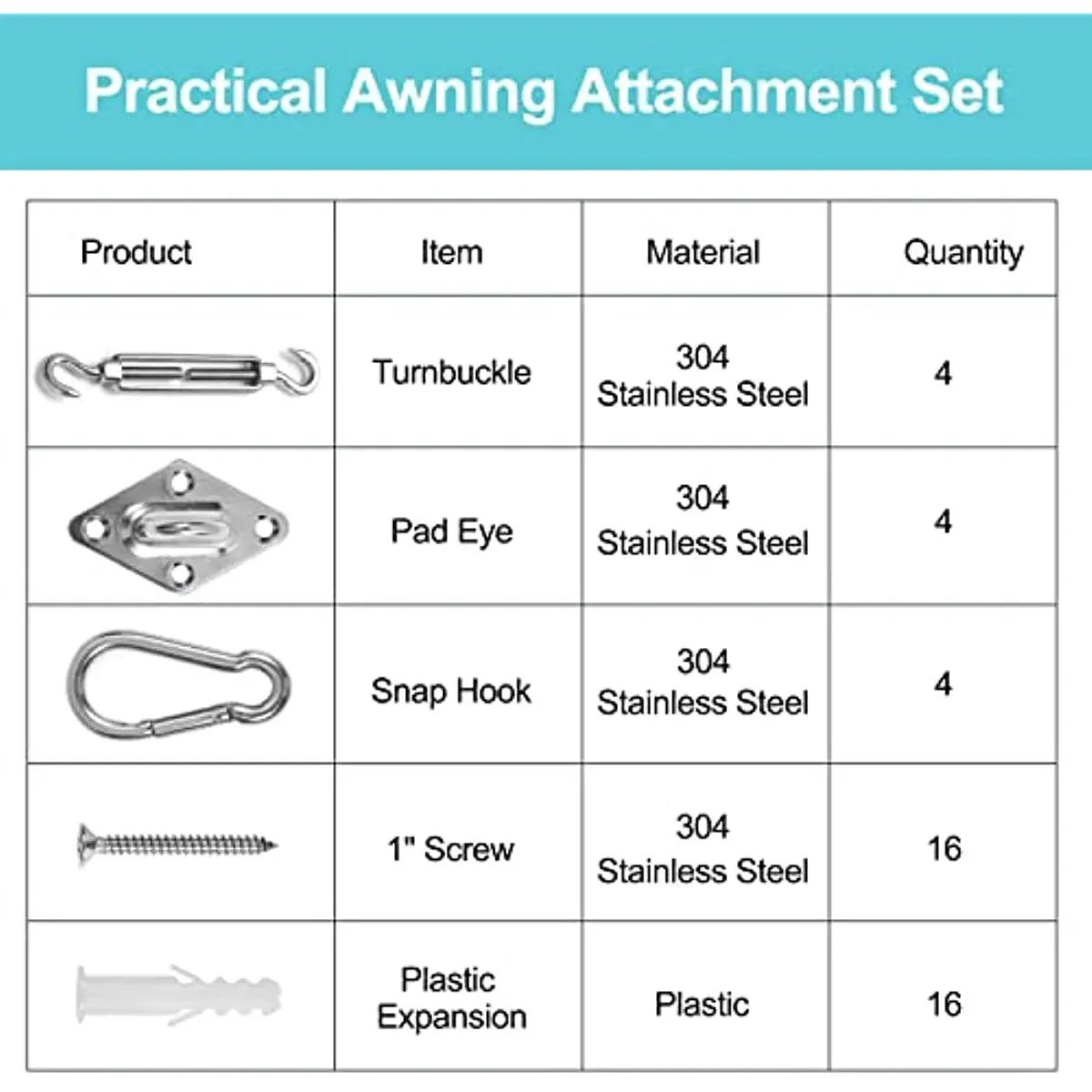 Description Picture 3 of itemAwning Install Attachment Set Heavy Duty Sun Shade Sail Stainless Steel Hardware Kit for Home Garden Sunshade Fixing Accessories