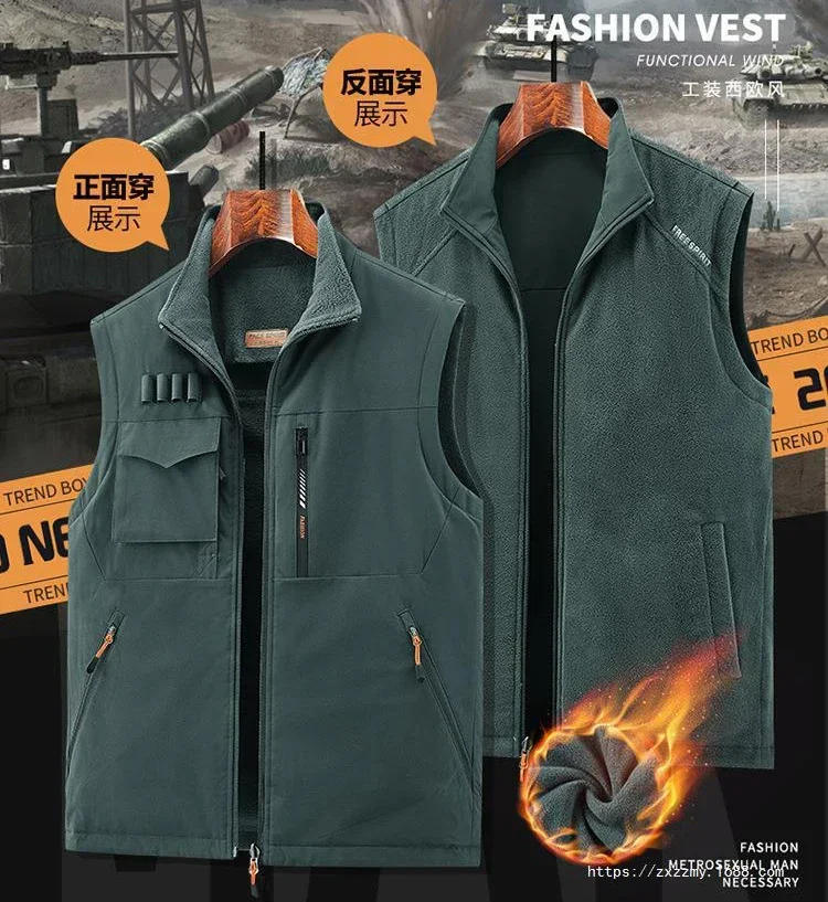 Description Picture 4 of itemAutumn Winter Men's Waistcoats Plus Fleece Thick Warm Double Sided Wear Multi-pocket Vest Jacket Men Outdoor Photography Jackets