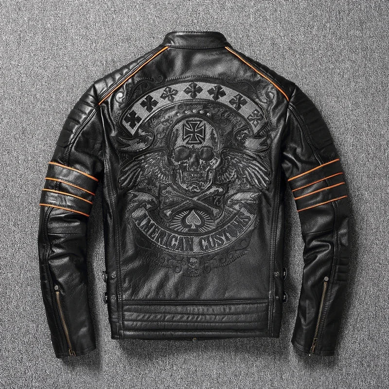 Description Picture 3 of itemCowhide Real Coat Genuine Leather Clothes Men's Motorcycle Embroidered Skull Riding Jacket Autumn Asian Size 6XL