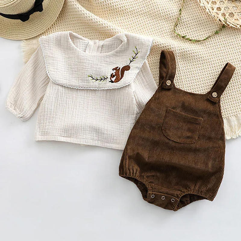 Description Picture 5 of itemInfant Baby Girls Clothes Suit Long Sleeved Cotton Embroidered Shirt+Corduroy Jumpsuit Spring Autumn Children Clothing Suit