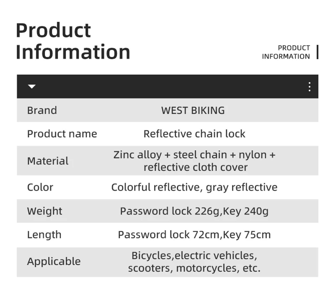 Description Picture 4 of itemWEST BIKING Bicycle Reflective Chain Lock Portable Anti-theft High Security 72/75cm MTB Mountain Bike Lock For Scooter E-Bike