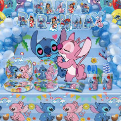 Disney Blue Lilo&Stitch Birthday Party Disposable Tableware Set With Balloons Backdrop Tablecloth Plates Napkins For Baby Showr