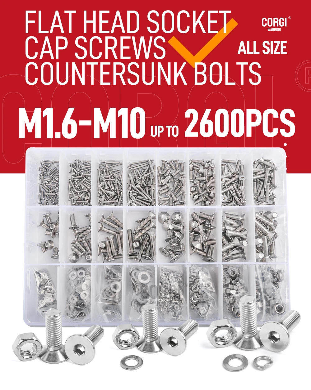Description Picture 2 of item35-2600p Flat Head Hex Socket Cap Screws Bolts Assortment Kit M1.6 M2 M2.5 M3 M4 M5 M6 M8 M10 Stainless Steel Screw Nuts 4-50 mm