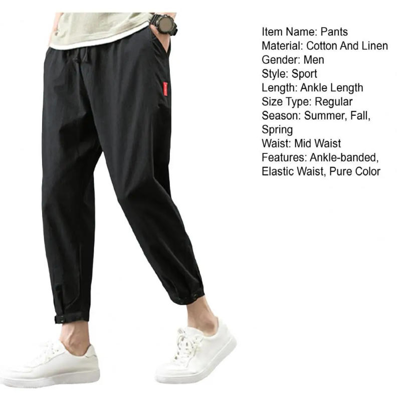 Description Picture 3 of itemCasual Cargo Style Bottoms Men's Straight Ankle-banded Sweatpants with Side Pockets for Gym Training Jogging Elastic Waist Solid