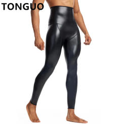 Mens Black High Waist Leather Pants Body Shaper Waist Trainer Shapers Control Leggings Compression Underwear Fitness 9pts Pants