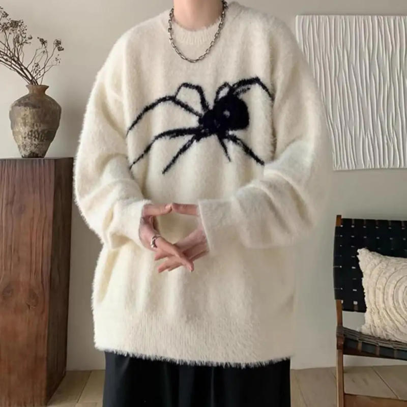 Description Picture 5 of itemMen Winter Faux Mink Sweater Spider Pattern Knitted Pullover Hip Hop Style O-neck Long Sleeve Warm Jumper Streetwear