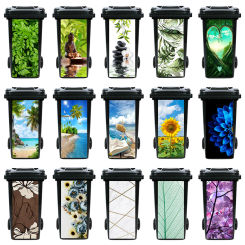 Green Plants Flower Trash Can Sticker Waterproof Outdoor Trash Can Seaside Scenery Decorative Mural Decals Garbage Bin Stickers