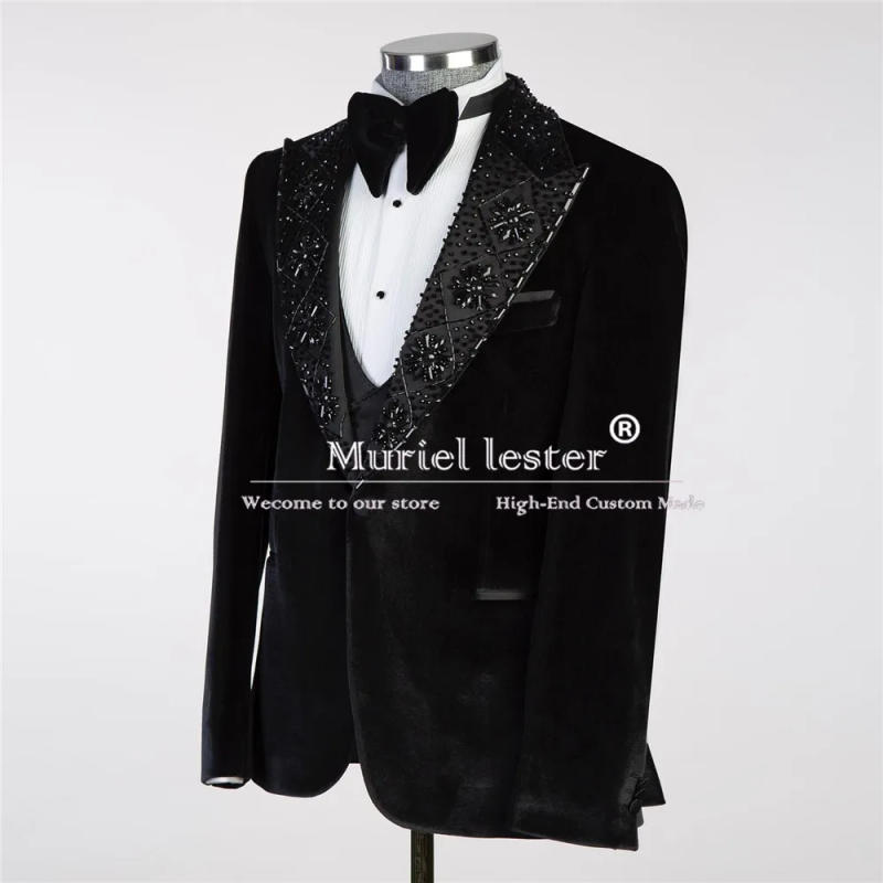 Description Picture 3 of itemRoyal Velvet Wedding Tuxedos Luxury Handmade Beaded Stoned Jacket Vest Pants 3 Pieces Set Men's Suits Formal Party Costume Homme