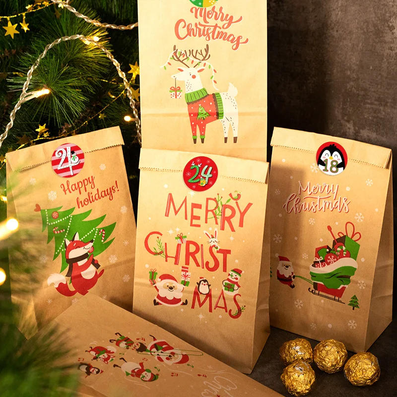 Description Picture 3 of itemChristmas Gift Bags Kraft Paper Bag Candy Cookie Packaging Pocket Xmas Advent Calendar Digital Sticker Packing Supplies 24pcs