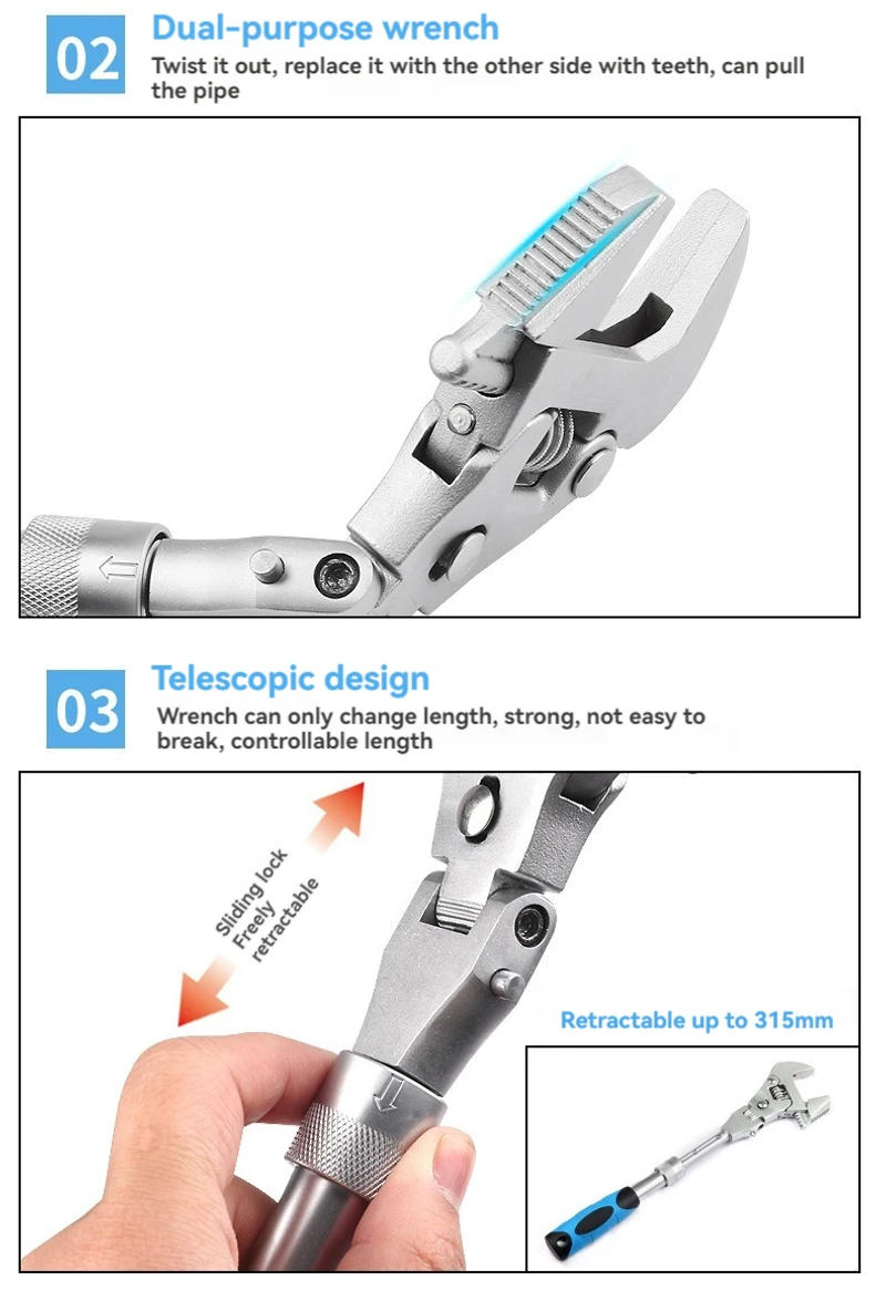 Description Picture 5 of item5 in 1 Retractable Movable Adjustable Ratchet Wrench 180° Foldable Head Torque Wrench Dual-purpose Pipe Wrench Hand Tools