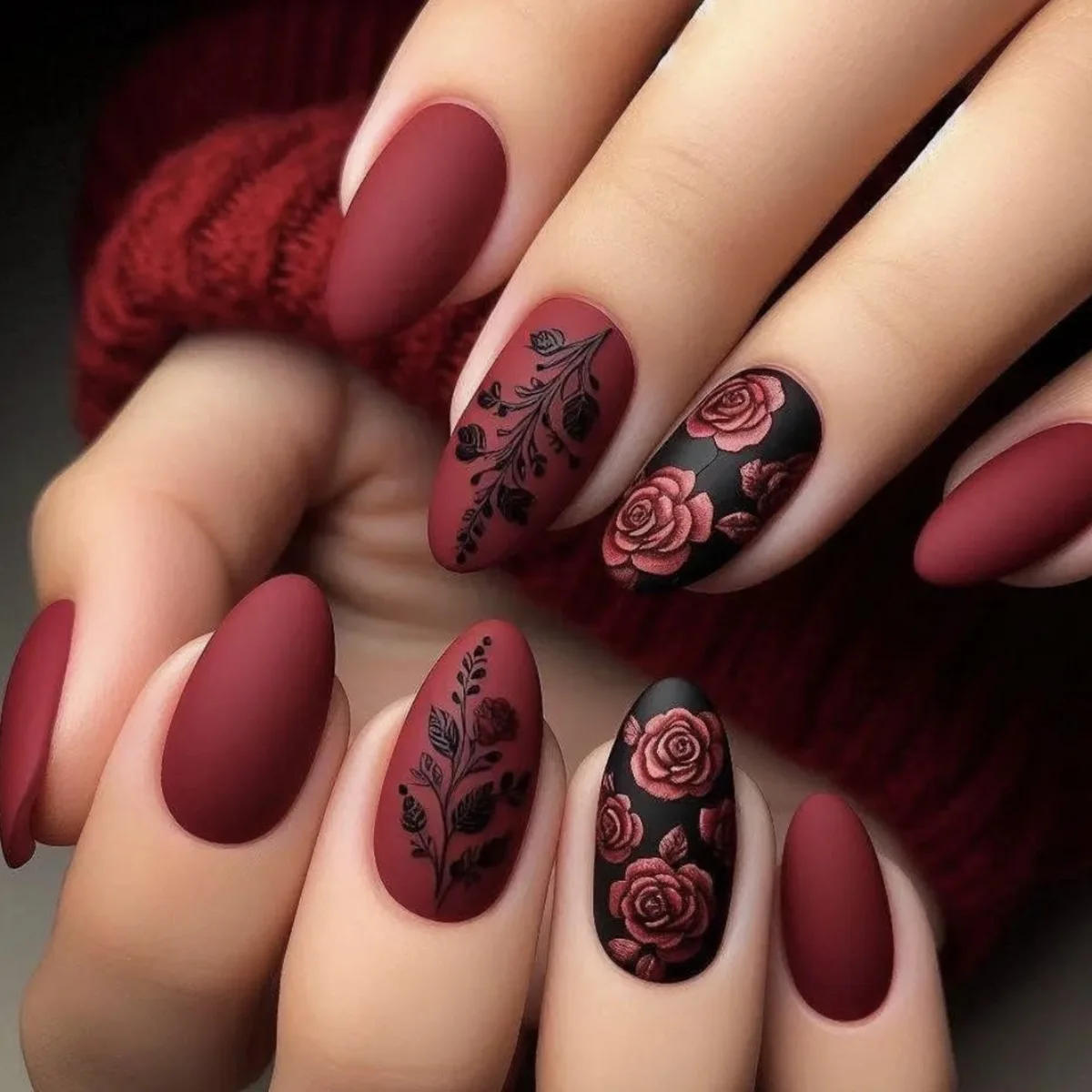 Description Picture 2 of item24Pcs Autumn Winter Matte Almond False Nails with Glue Rose Leaf Printing Nail Art Simple Full Cover Press on Acrylic Nails Tips