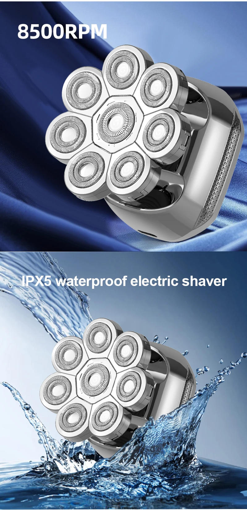 Description Picture 6 of item8D Head Shavers for Bald Men, Electric Shaver for Men,6 in 1 Mens Grooming Kit with Nose Hair Trimmer, Waterproof Beard Trimmer