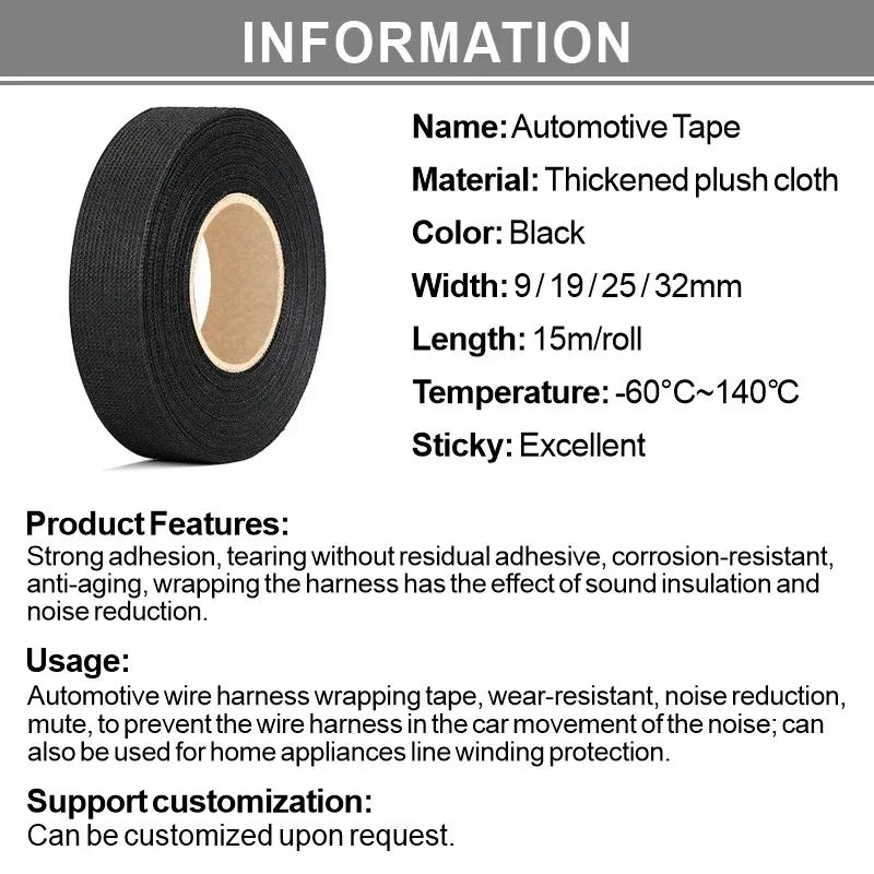 Description Picture 2 of item15M Heat Resistant Harness Tape Electrical Tape Waterproof Insulation Cable Wire Fabric Cloth Noise Resistance Adhesives Tapes