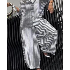 Fashionable Long-sleeved Lapel Shirt Top + Harem Pants 2-piece Set For Women Autumn Button Striped Nine-point Pant Suit Female