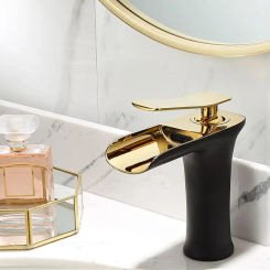 Bathroom Basin Faucet Black and Gold Bathroom Solid Brass Specail Sink Mixer Tap Hot & Cold Waterfall Basin