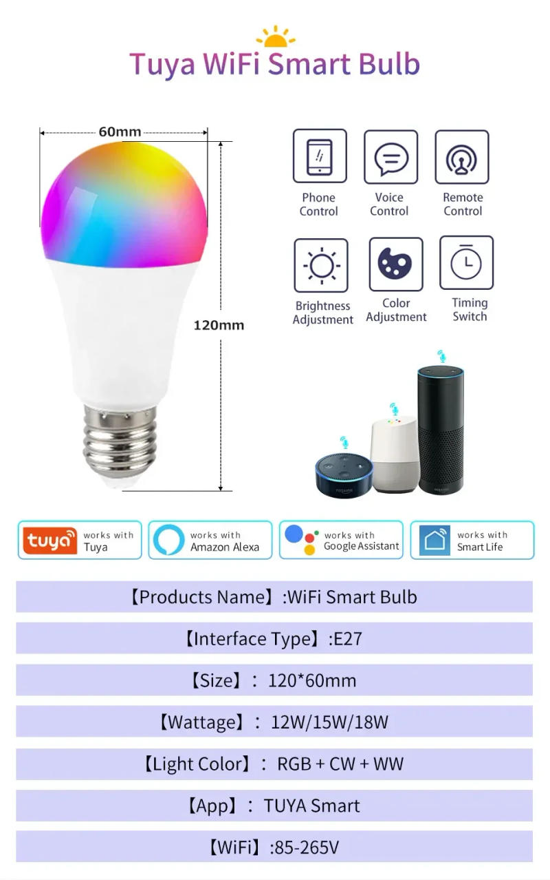 Description Picture 3 of itemTuya Smart Bulb WiFi Dimmable LED Light Bulb RGB Smart Bulb 100-240V App Control Remote Control Support Alexa Alice Google Home