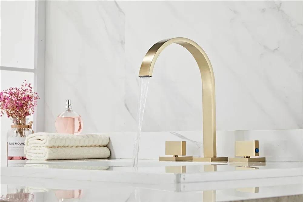 Description Picture 6 of itemBrushed Gold Basin Faucet  Sink Tap Gold Square Brass Bathroom Sink 3 Hole Double Handle Hot And Cold Water Tap