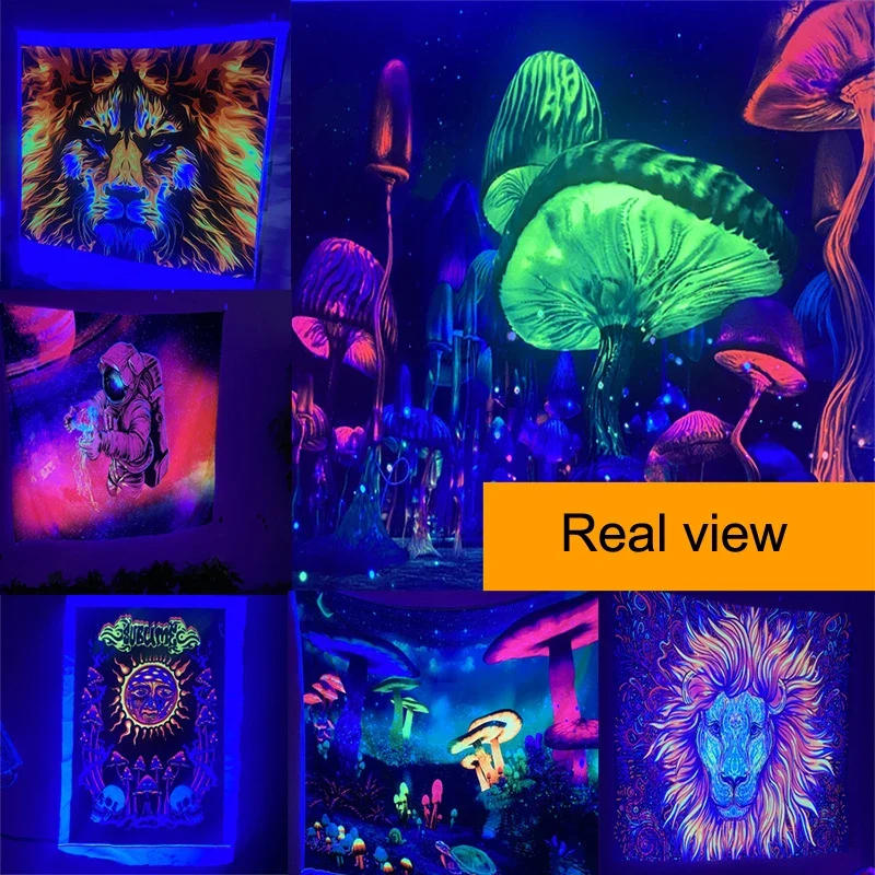 Description Picture 5 of itemFluorescent Tapestry Psychedelic Ultraviolet Wall Decoration  Skull Mushroom Witchcraft Beautiful