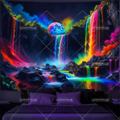 Fantasy Waterfall Planet Blacklight Tapestry UV Reactive Landscape Mountain Wave Neon Tapestries Aesthetic Room Decor Posters