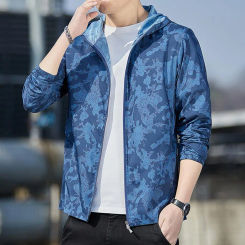 Sunscreen Coat Men's Thin Sun Protection Hooded Jacket for Fishing Hunting Quick-drying Windbreaker with Zipper Placket Printing