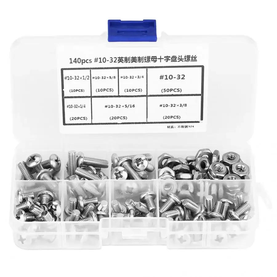Description Picture 6 of item140pcs/set #10-32 304 Stainless Steel Head Phillips Cross PH Pan Head Screws Kit Assortment Set Hex Slip Lock Self-Locking Nut