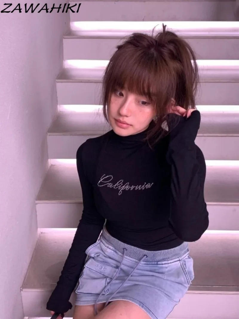 Description Picture 6 of itemT Shirts for Women Letter Rhinestone Slim Long Sleeve Spring Fall Crop Tops Mock Neck Sweet Y2K Aesthetic Fashion Vintage Tees