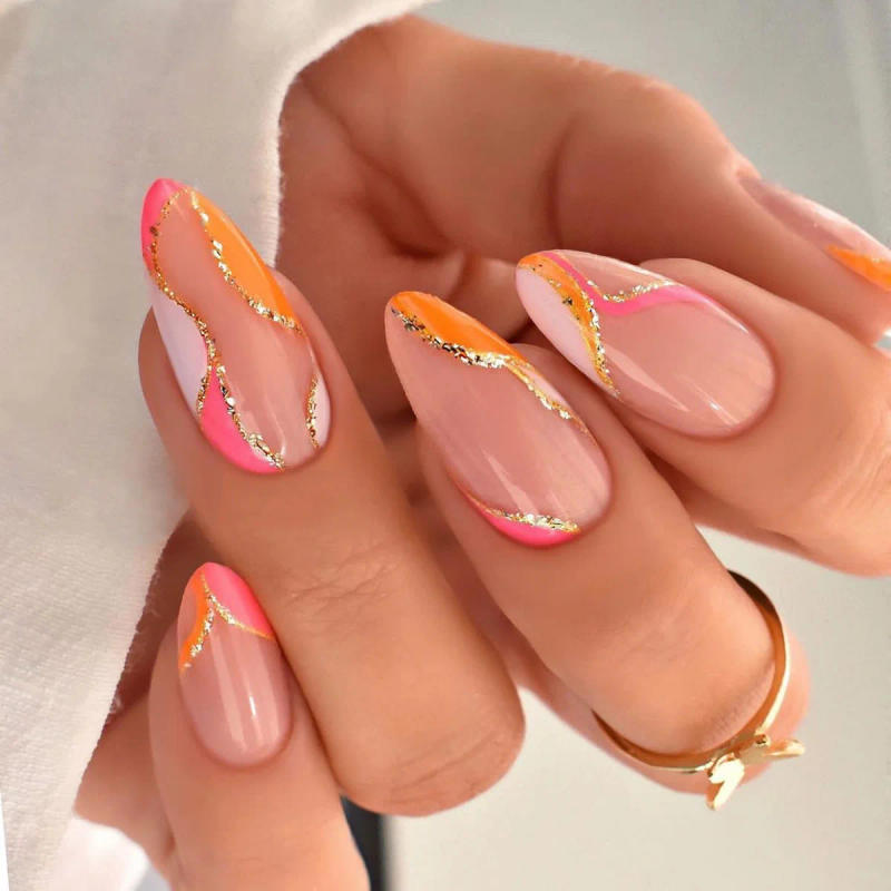 Description Picture 6 of item24pcs French False Nails Almond Head Summer Style Glitter Design Fake Nail Patch Full Cover Wearable Women Press on Nail Tips