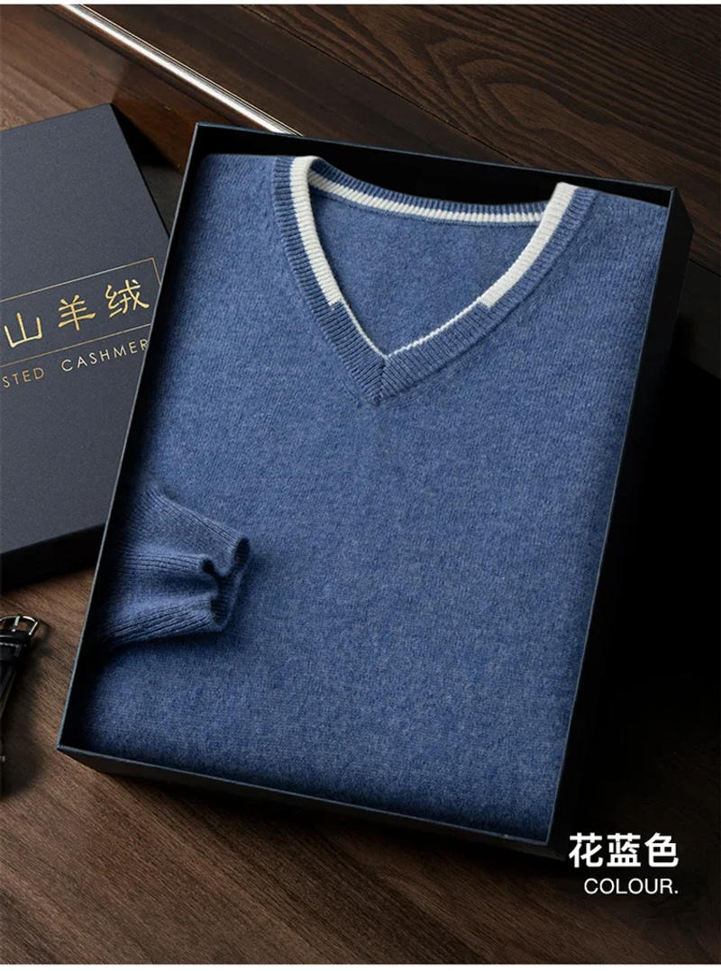 Description Picture 5 of item100% Pure Cashmere Men's V-Neck Pullover 2023 Autumn Winter Casual Loose Fit Large Contrast Color Shirt Basic Sweater