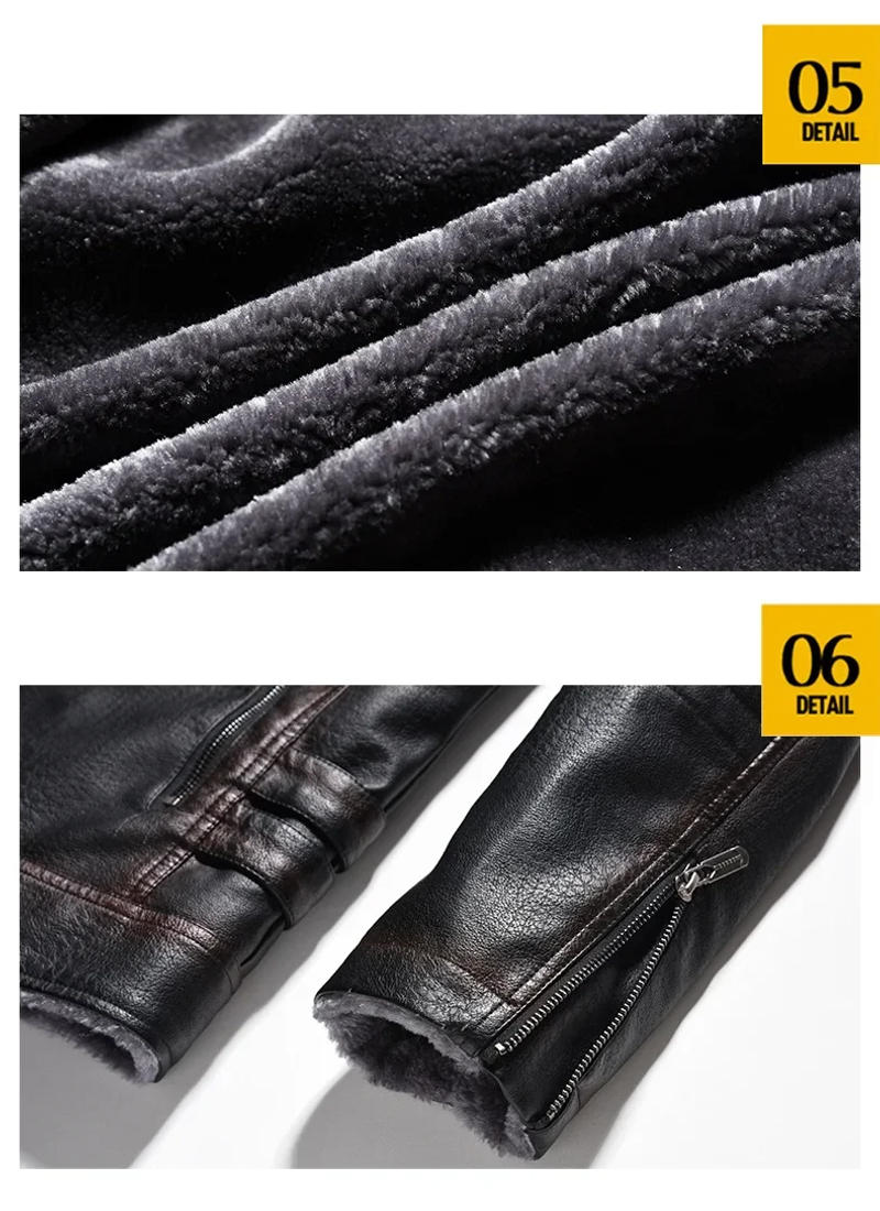 Description Picture 6 of item2023 New Winter Thicken Fleece Men's Leather Jacket Vintage Lapel Solid Motorcycles Pu Coat Autumn Male Warm Windproof Outerwear
