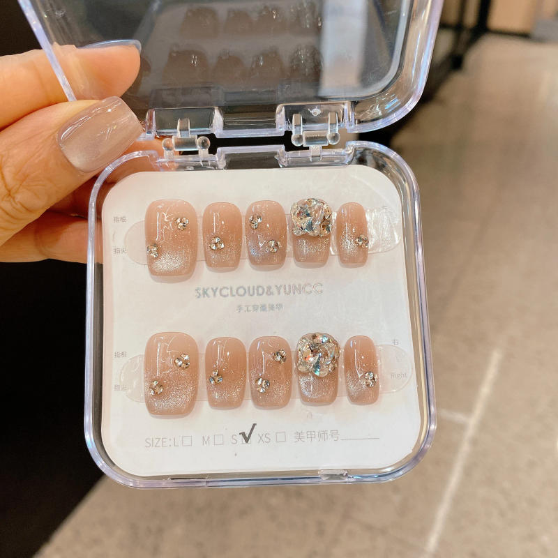 Description Picture 6 of item10Pcs Sparkling Cat Eye Fake Nails with Shining Rhinestone Design False Nails Press on Mid Length Ballet Full Cover Manicure