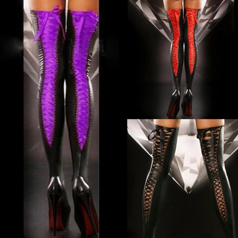 Description Picture 3 of itemWomen's Lace-up Stockings Leggings Thigh-High Sock Patent Leather Sexy Female Bandage Long Socks Streetwear