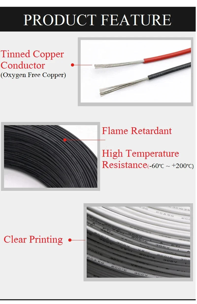 Description Picture 4 of item5/10M UL1332 PTFE Wire 30/28/26/24/22/20/18/16/14/13/12/10 AWG FEP Insulated High Temperature Electron Cable For 3D Printer