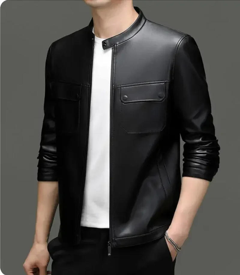 Description Picture 5 of itemNEW Spring Autumn Menswear PU Leather High-End Motorcycle Jacket Zipped Stand Collar Retro Green Fashion Casual Leather Jacket