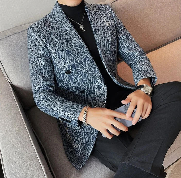 Description Picture 3 of itemRhinestones Male Blazer Sequin Men's Suit Jackets Cropped Coat Short with Embroidery Free Shipping Simple Breasted Elegant 2024