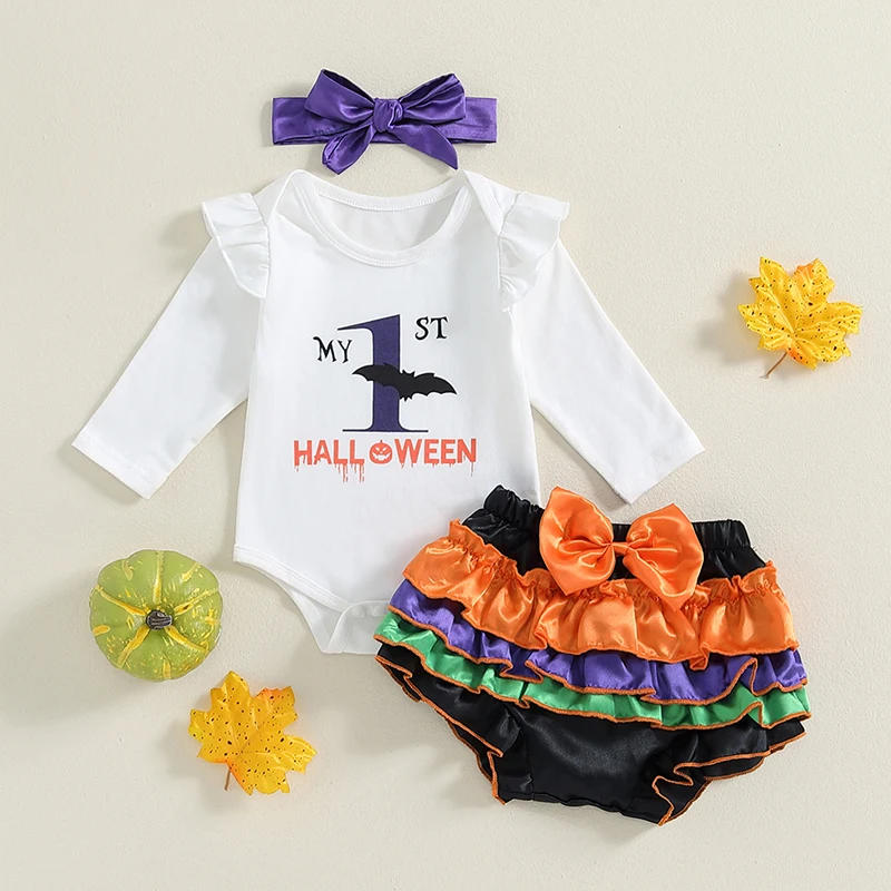Description Picture 2 of itemBaby Girls Shorts Set Long Sleeve Letters Print Romper with Layered Shorts Headband Fall Outfit Halloween Clothes