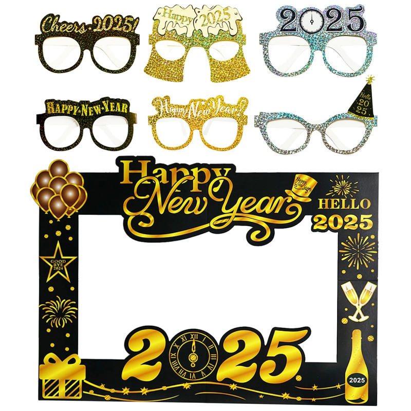Description Picture 2 of item2025 Happy New Year Paper Glasses Photo Frame, Family Eve Party Decorations Photo Booth Props Photobooth Decor