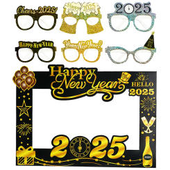 2025 Happy New Year Paper Glasses Photo Frame, Family Eve Party Decorations Photo Booth Props Photobooth Decor