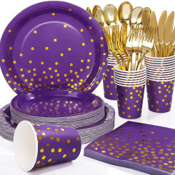 Purple Gold Point Printed Disposable Tableware Plates Cups Napkins One Year Old Happy Girls 1st Birthday Party Supplies Kids